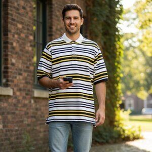 Ralph Lauren Polo Golf Shirt Striped Embroidered Collar Mens Size L